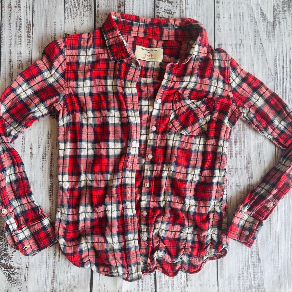 Marine Layer Red Plaid Flannel Button Down Shirt